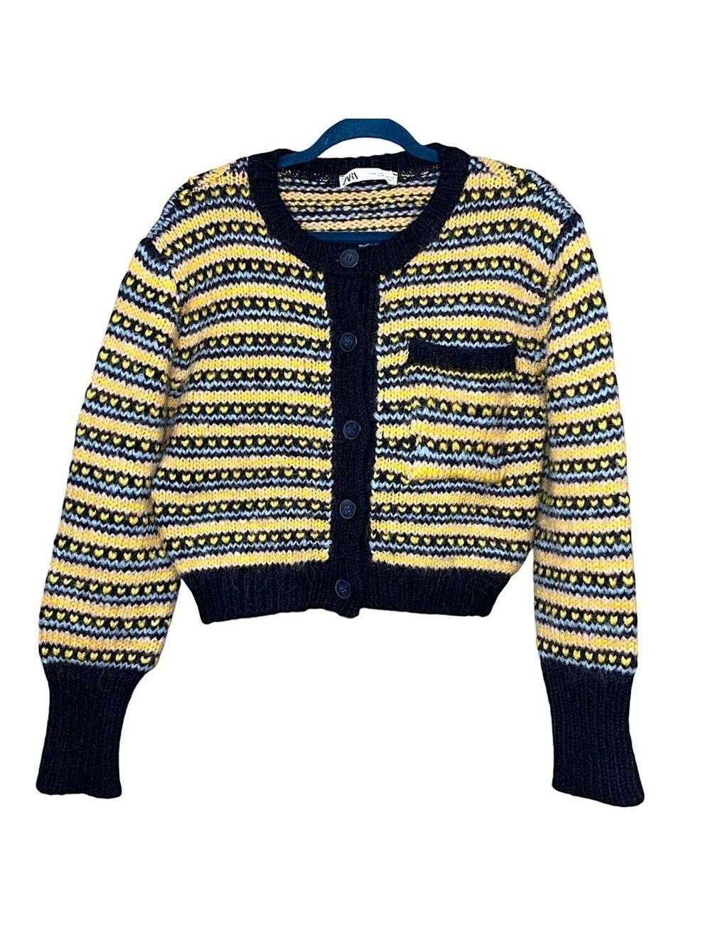 Zara Knit Cropped Sweater Sz S Blue Yellow Alpaca Wool Acrylic Blend Button Up